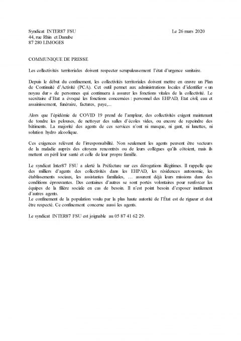 URGENCE SANITAIRE : COMMUNIQUÉ DE PRESSE DU SYNDICAT INTER87-FSU