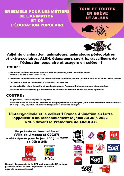Intersyndicale CGT-INTER87FSU : Grève et rassemblement des animateurs le 30 Juin 2022 à Limoges