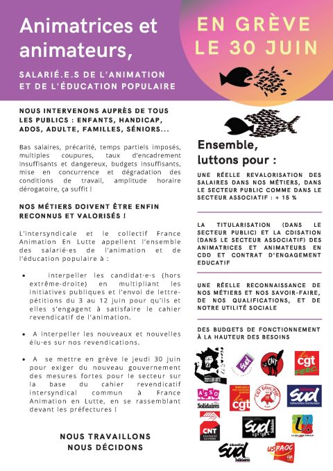 Animatrices et animateurs en grève le 30 Juin 2022