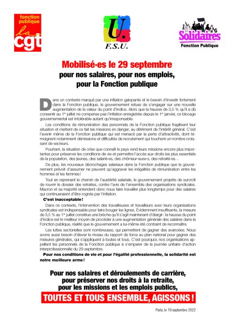 APPEL CGT-FP, FSU, SOLIDAIRES-FP : GRÈVE LE 29 SEPTEMBRE 2022 !