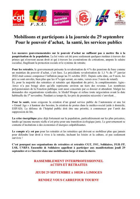 RETRAITÉ-E-S : RASSEMBLEMENT LE JEUDI 29 SEPTEMBRE à 10H30 à LIMOGES
