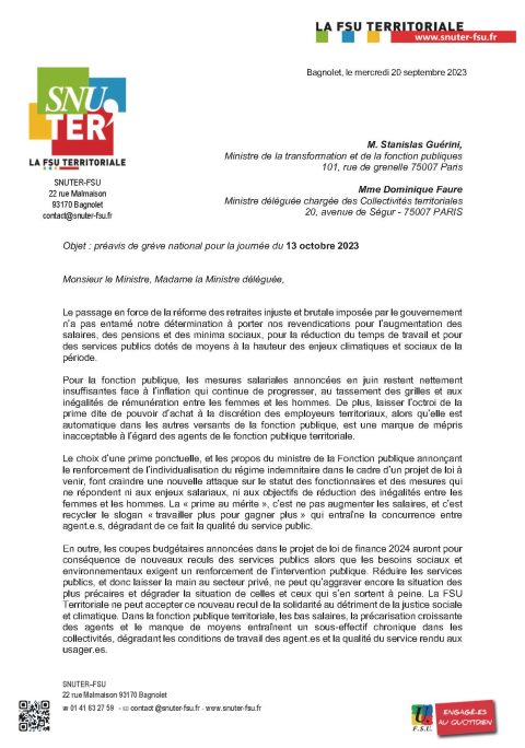 Préavis grève nationale du 13 Octobre 2023