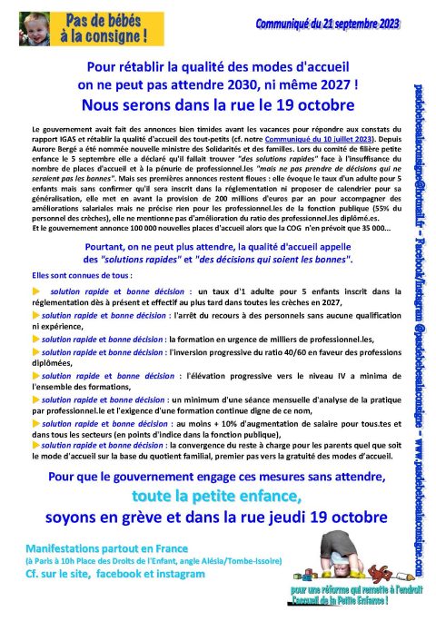 Pas de bébés à la consigne : grève nationale le 19 octobre 2023