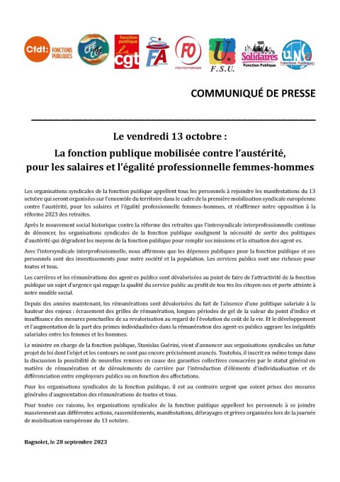 Le vendredi 13 octobre : La fonction publique mobilisée contre l’austérité,pour les salaires et l’égalité professionnelle femmes-hommes
