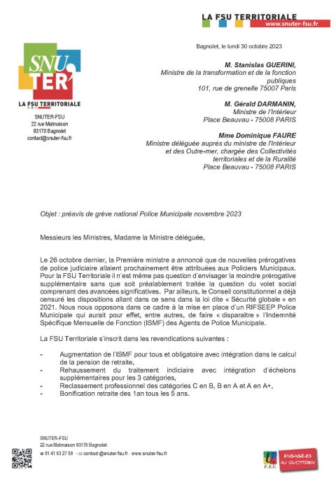 Préavis de grève national Police Municipale novembre 2023