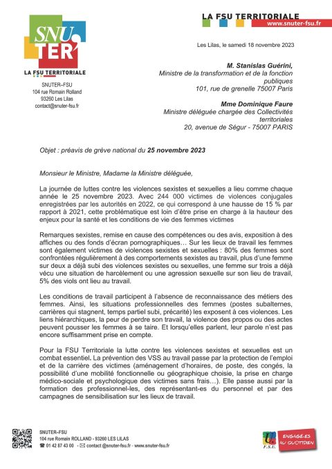 Journée de luttes contre les violences sexistes et sexuelles : préavis de grève national du 25 novembre 2023