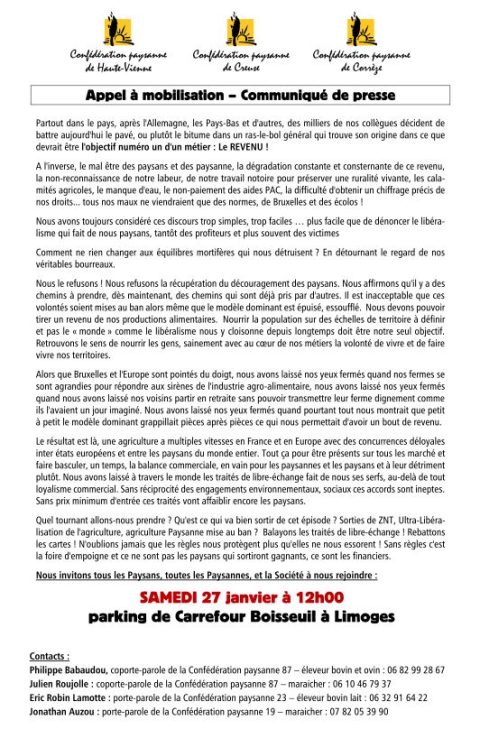 Communiqué de presse de la Confédération Paysanne du 87