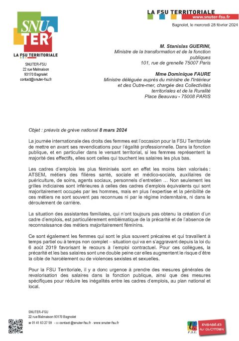 Préavis de grève national 8 mars 2024