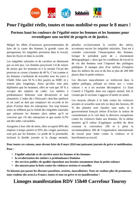 Limoges manifestation le 8 mars à 15h40 Carrefour Tourny