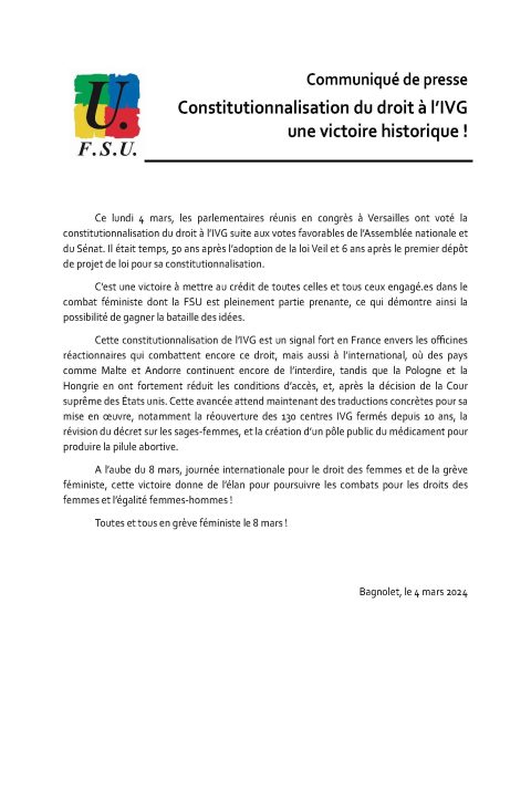 Communiqué de presse : Constitutionnalisation du droit à l’IVG – une victoire historique !