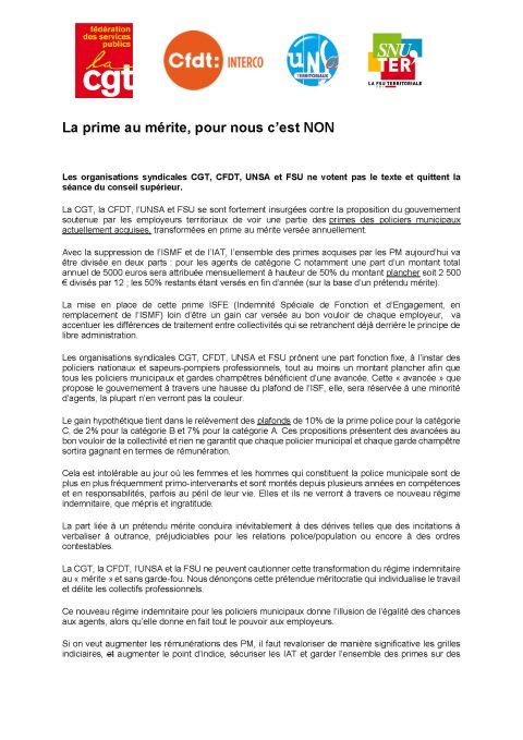 Police municipale : la prime au mérite, c’est NON – communiqué CGT-CFDT-FSU-UNSA