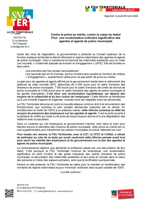 Contre la prime au mérite, contre la casse du statut. Pour une revalorisation indiciaire significative des agentes et agents de police municipale