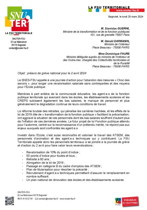 Préavis de grève national pour le 2 avril 2024