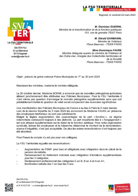 Préavis de grève national Police Municipale du 1er au 30 avril 2024