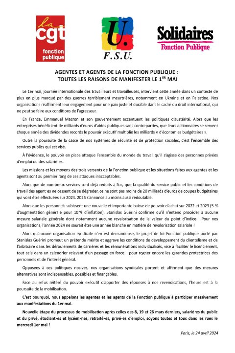 AGENTES ET AGENTS DE LA FONCTION PUBLIQUE : TOUTES LES RAISONS DE MANIFESTER LE 1ER MAI
