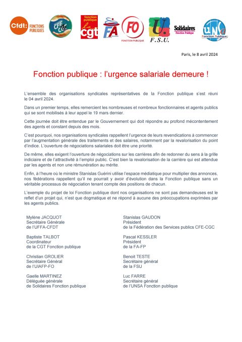 Intersyndicale Fonction Publique : l’urgence salariale demeure !