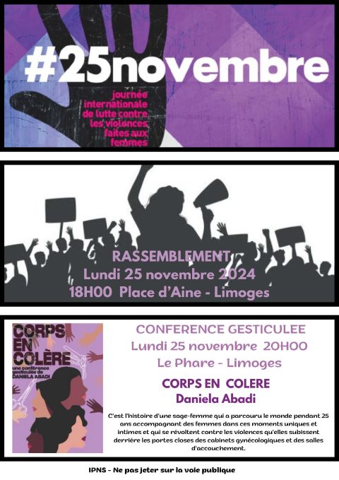 Journée internationale de lutte contre les violences faites aux femmes : RASSEMBLEMENT Lundi 25 novembre 2024 à 18H00 Place d’Aine – Limoges