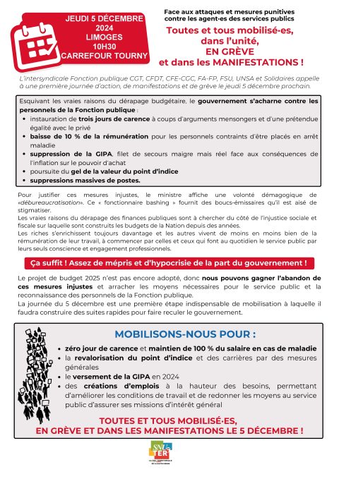 5 décembre 2024 – LIMOGES – Carrefour Tourny – 10h30 : Toutes et tous mobilisé·es, dans l’unité, EN GRÈVE et dans les MANIFESTATIONS !