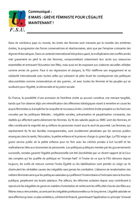 Communiqué : 8 MARS : GRÈVE FÉMINISTE POUR L’ÉGALITÉ MAINTENANT !