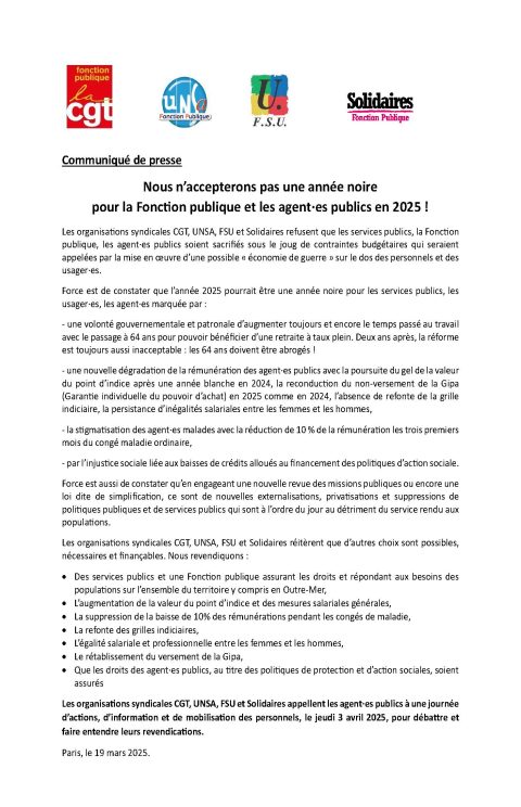 Communiqué de presse : Nous n’accepterons pas une année noire pour la Fonction publique et les agent·es publics en 2025 !