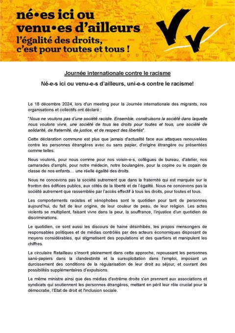 22 mars – Journée internationale contre le racisme : Né-e-s ici ou venu-e-s d’ailleurs, uni-e-s contre le racisme!