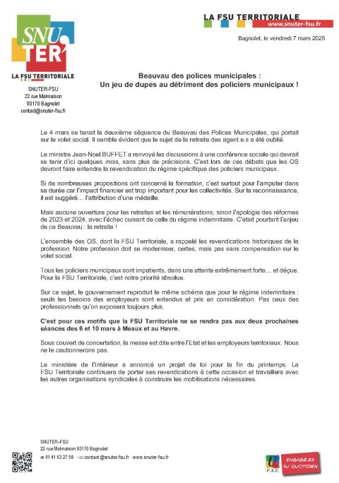 Beauvau des polices municipales : Un jeu de dupes au détriment des policiers municipaux !