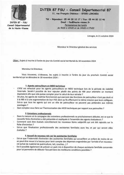 Sujets à inscrire à l’ordre du jour du Comité social territorial du 18 novembre 2024