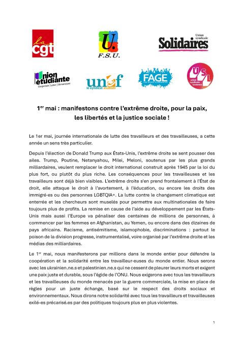 1er mai : manifestons contre l’extrême droite, pour la paix,les libertés et la justice sociale !