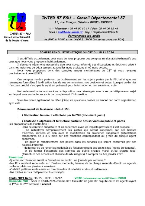 COMPTE RENDU SYNTHÉTIQUE DU CST DU 18 NOVEMBRE 2024