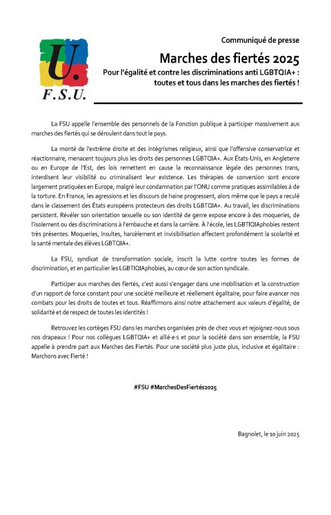 Communiqué de presse – Marches des fiertés 2025 Pour l’égalité et contre les discriminations anti LGBTQIA+ : toutes et tous dans les marches des fiertés !