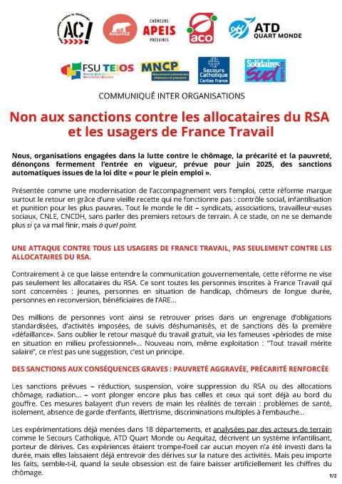 Communiqué inter organisations : Non aux sanctions contre les allocataires du RSA et les usagers de France Travail !