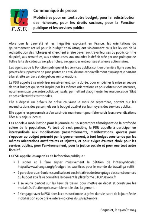 Communiqué de presse : Mobilisé.es pour un tout autre budget, pour la redistribution des richesses, pour les droits sociaux, pour la Fonction publique et les services publics