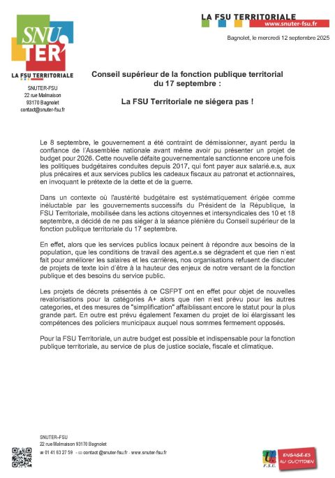Conseil supérieur de la fonction publique territoriale du 17 septembre : La FSU Territoriale ne siégera pas !