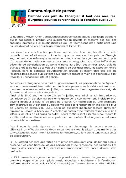 Communiqué de presse – Flambée des prix de l’énergie : il faut des mesures d’urgence pour les personnels de la Fonction publique