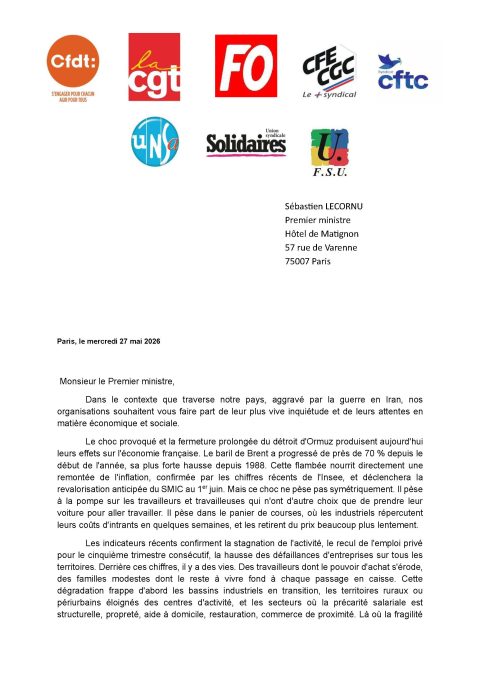 Courrier intersyndical adressé à Monsieur le Premier ministre