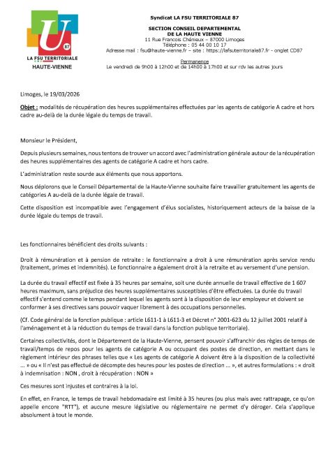 CD87 : Courrier au Président – mars 2026 –