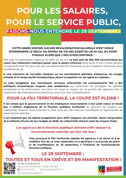 POUR LES SALAIRES, POUR LE SERVICE PUBLIC, FAISONS-NOUS ENTENDRE LE 29 SEPTEMBRE !
